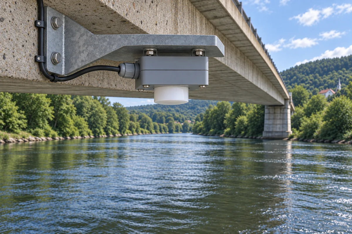 Aquatos Radar unter einer Brücke montiert, Messung senkrecht zur Wasseroberfläche