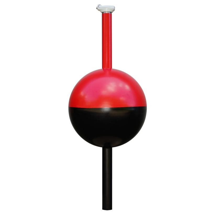 Standard buoy: red-and-black spherical float with central mast and anchoring rod, robust platform for deeper waters.