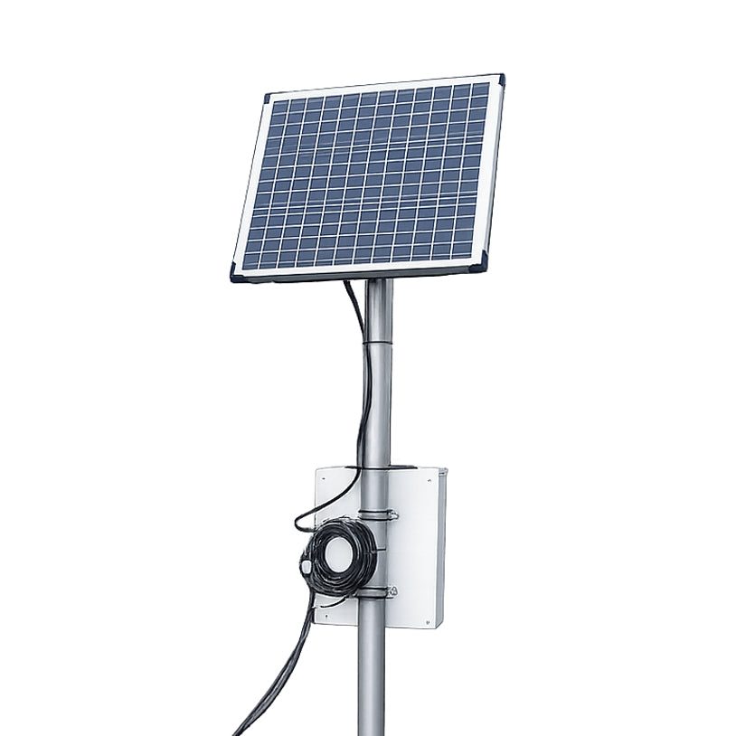 Klimaatstation complete setup: zonnepaneel op mast, IP66-behuizing met Aquatos Web LTX en TriOs Nico multi-parameter sonde.