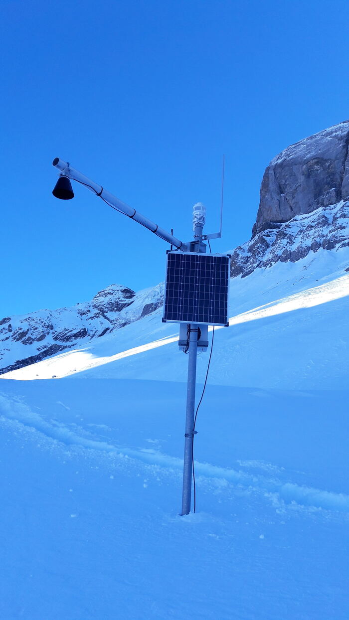 Klimaatstation in close-up: kopanemometer, stralings­schild voor temperatuur- en vochtsensoren, autonome zonnevoeding.