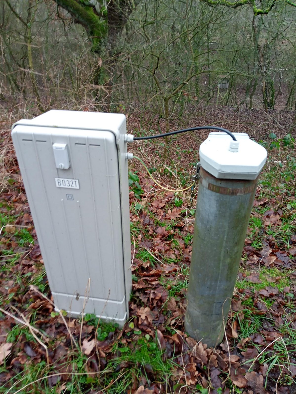Grundwassermessstelle im Wald mit Schaltschrank und Pegelmonument